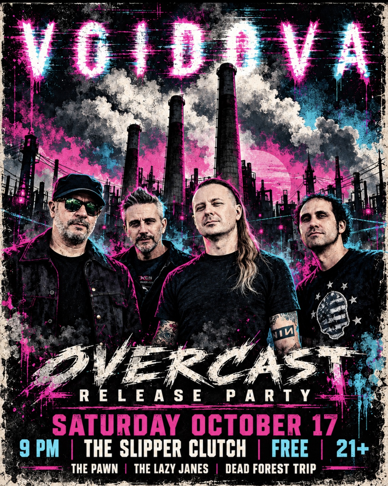 Voidova Overcast Release Party flyer — Saturday October 17, 9 PM, The Slipper Clutch, free, 21+, with The Pawn, The Lazy Janes, and Dead Forest Trip